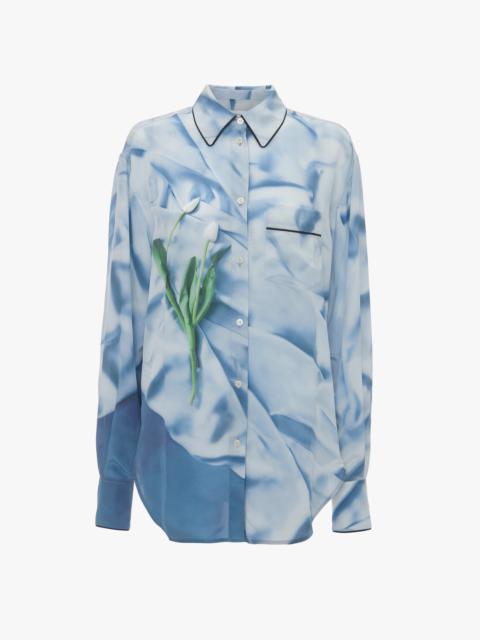 Piping Detail Pyjama Shirt In Ice Blue Satin Flowers