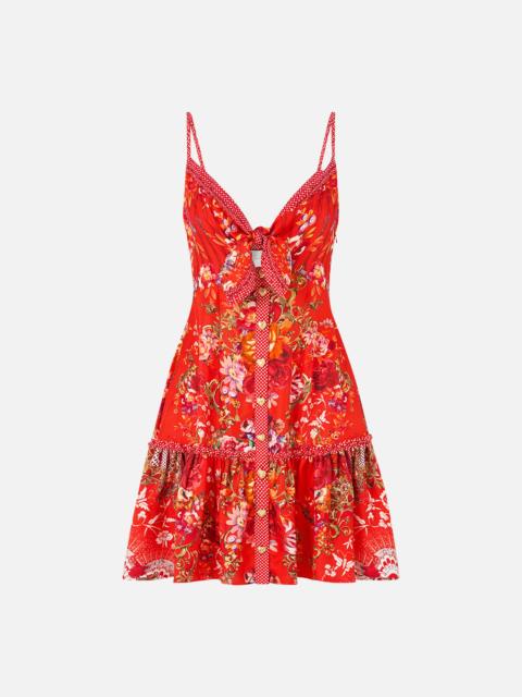 TIE FRONT SHORT DRESS WITH HEM RUFFLE