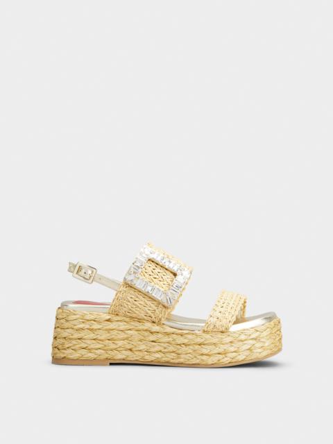 Strass Buckle Wedge Sandals in Raffia