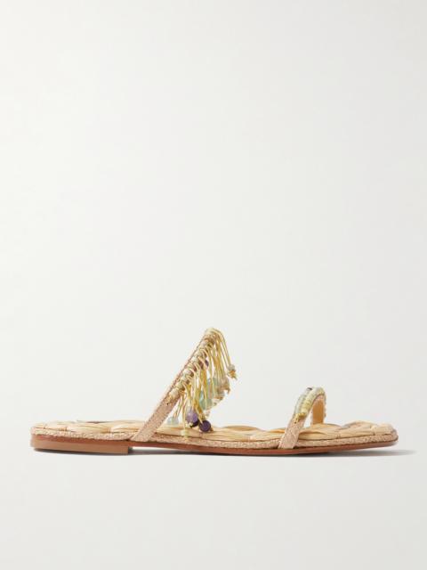 Fringed Bead-embellished Raffia Sandals