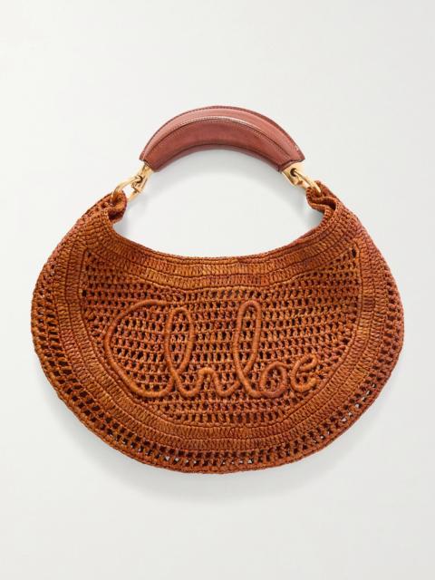 Summer Banana Leather-trimmed Embroidered Raffia Tote