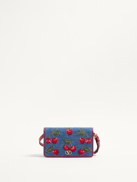 VLOGO SIGNATURE MINI DENIM SHOULDER BAG WITH CHERRYFIC EMBROIDERY