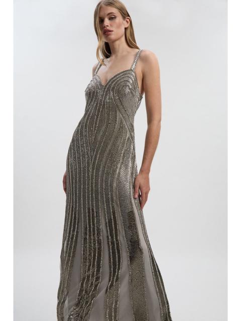 Beaded Contour Sweet Heart Neckline Woven Maxi Dress