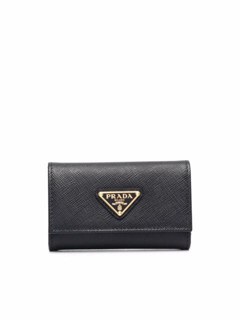 triangle logo Saffiano-leather keyring case