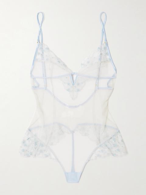 Mathilde Silk-blend Satin-trimmed Embroidered Tulle Thong Bodysuit