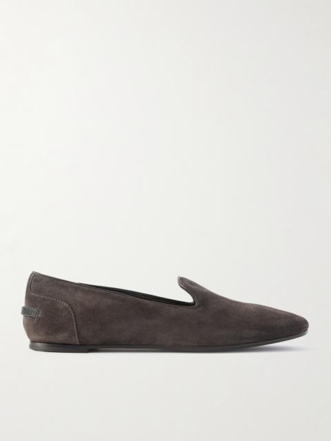 Bead-embellished Leather-trimmed Suede Ballet Flats