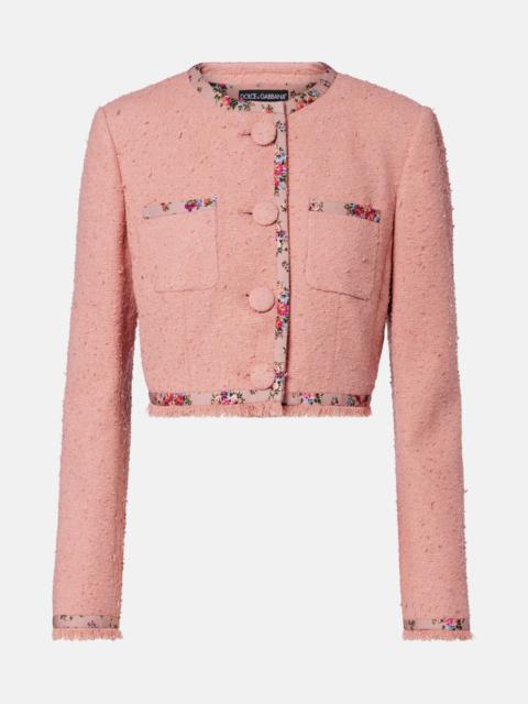 Floral cropped cotton-blend tweed jacket