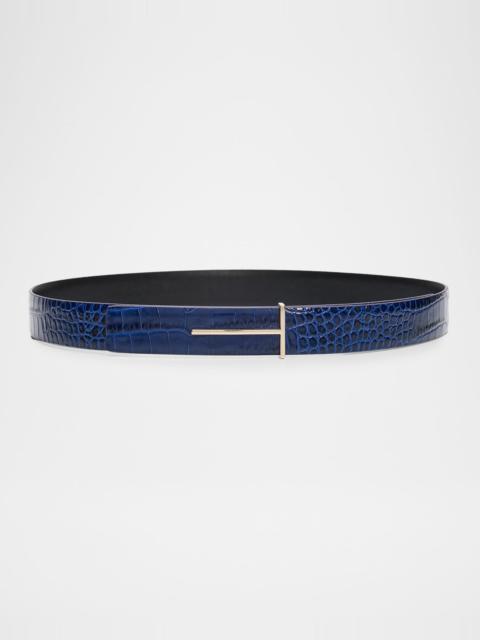 Slim T Croc-Embossed Leather Belt