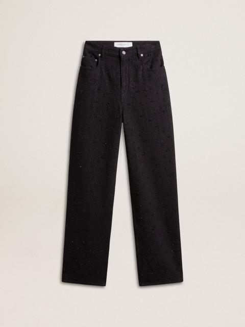 Women’s cotton denim pants with crystal and stone decoration