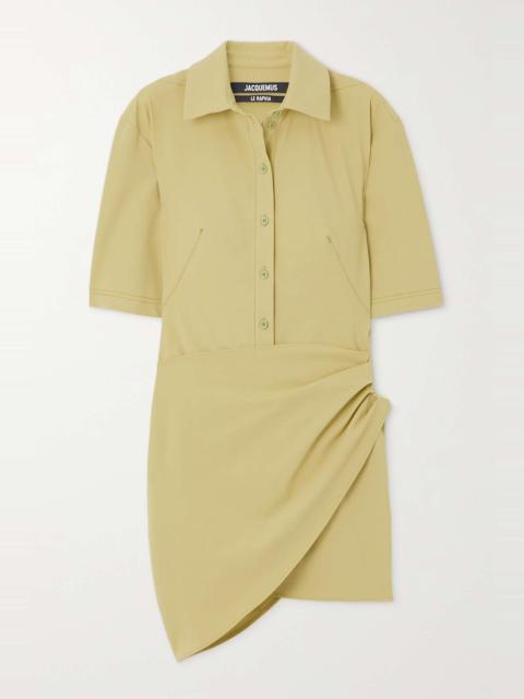 Cutout draped stretch-twill mini shirt dress