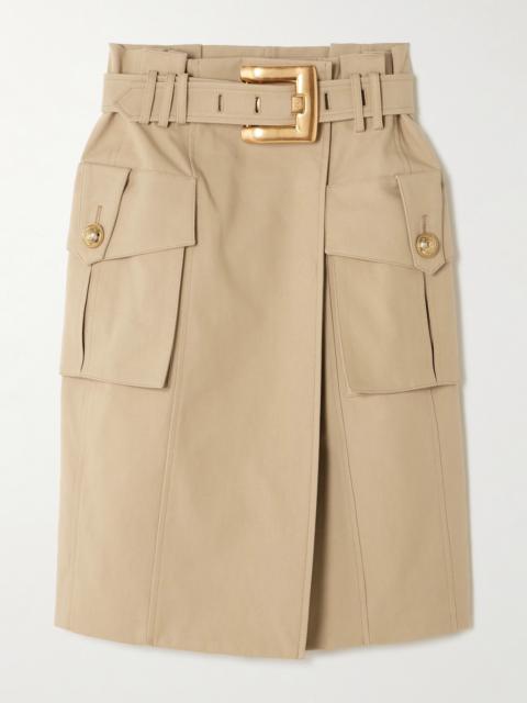 Belted Wrap-effect Button-embellished Cotton-gabardine Skirt
