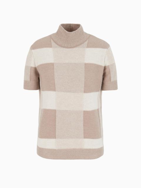 Icon short-sleeved virgin wool mock-neck jumper with a plated check motif