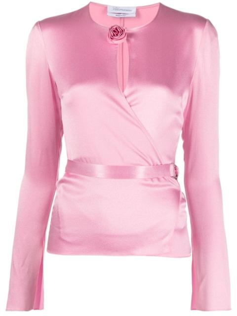 rose appliquÃ©e belted long-sleeved blouse