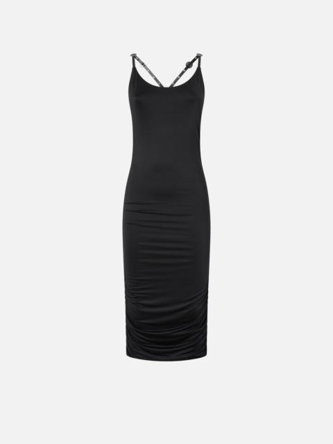 SHINY MIDI DRESS WITH CROSSED SHOULDER STRAPS