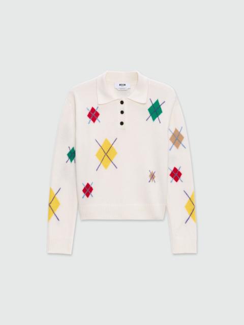 Ivory long-sleeved polo shirt with multicolor argyle pattern