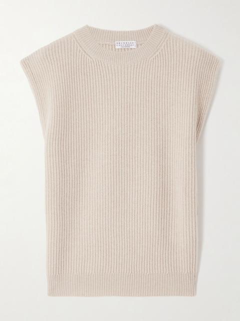 Ribbed wool, cashmere and silk-blend sweater Beige