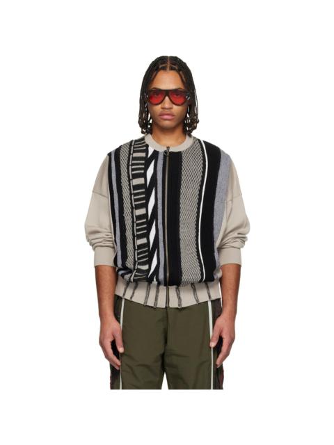 Beige & Black Multi Stripe Zip Up Crew Sweater