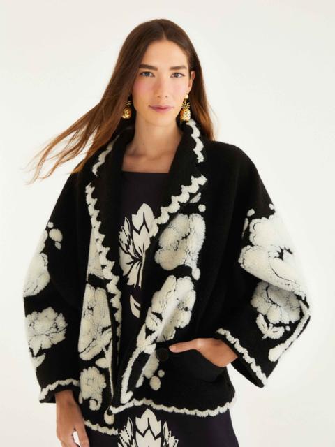 Black & White Floral Arabesque Fleece Coat