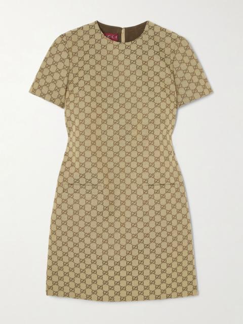 Belted leather-trimmed cotton-blend canvas mini dress Camel