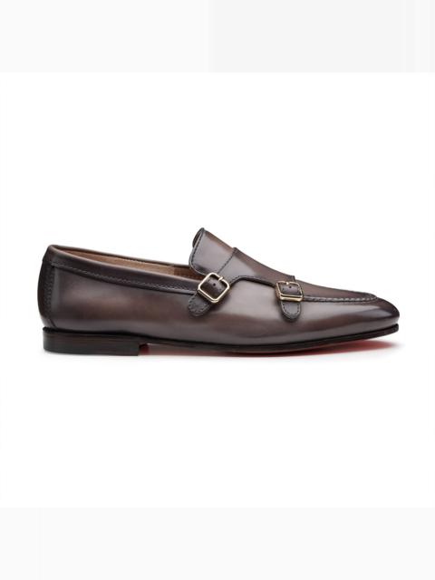 Men's brown leather double-buckle loafer