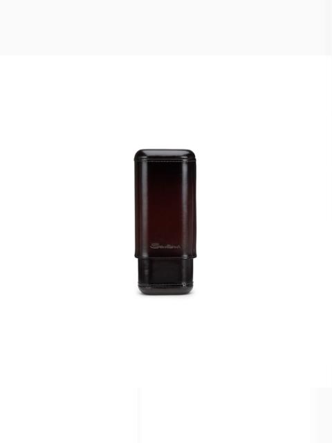 Cigar case in cedar wood covered in brown leather