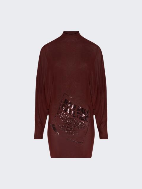 Embroidered Mesh Short Dress With Bat Sleeves Burgundy