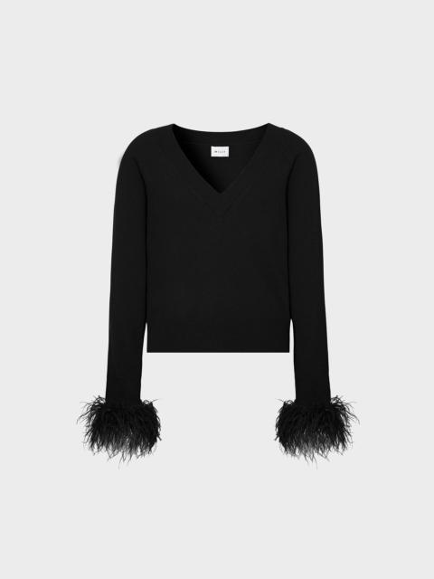 Feather Cuff V-Neck Sweater
