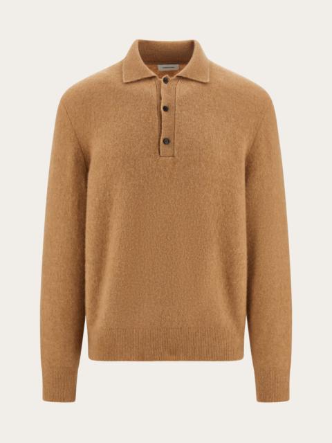 Long sleeved camel and silk polo shirt
