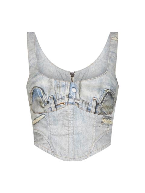Beige denim trompe l'oeil-print Elsie corset top