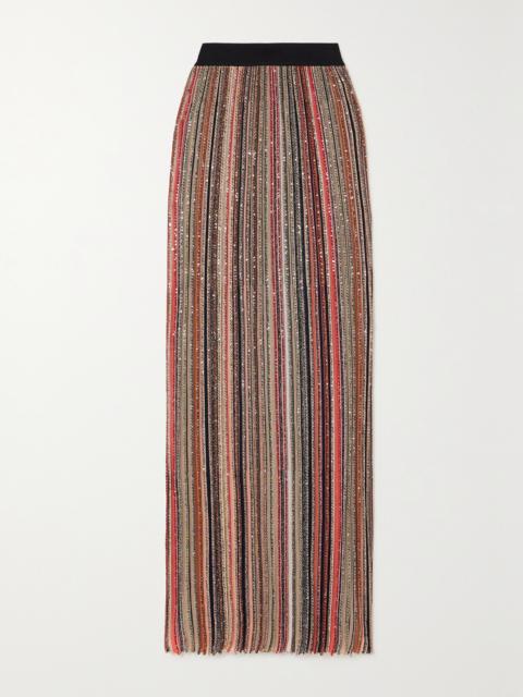 Sequin-embellished Striped Crochet-knit Maxi Skirt