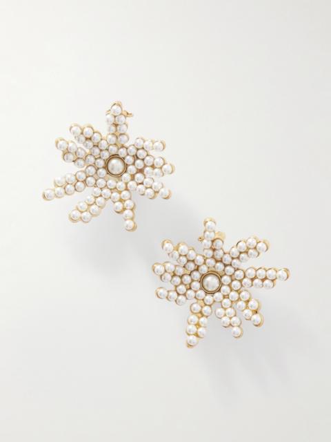 Flower Faux Pearl-embellished Gold-tone Clip Earrings