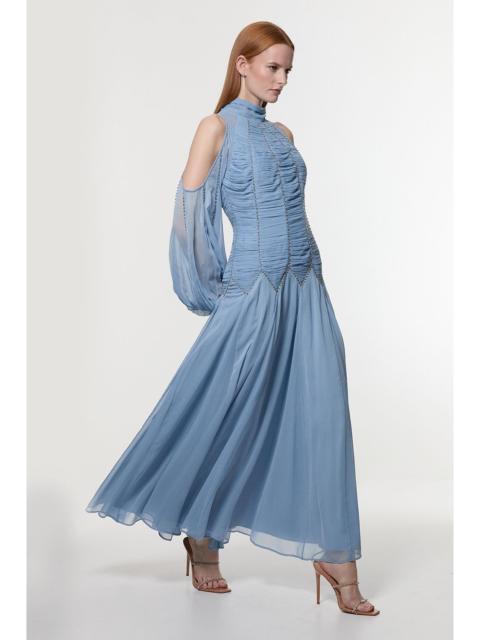 High Neck Embellished Ruched Georgette Woven Maxi Dress