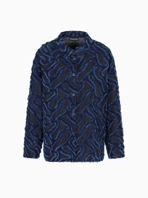 FRINGED EMBOSSED-MOTIF JACQUARD DENIM SHIRT JACKET