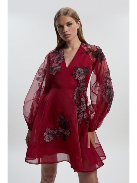 Floral Applique Organdie Woven Balloon Sleeve Mini Dress