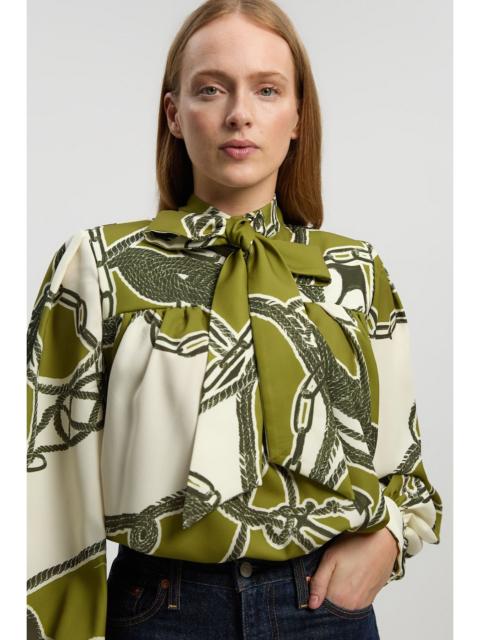 Chain Print Woven Balloon Blouse With Tie Detail
