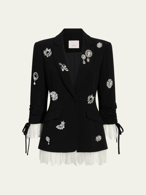 Roxie Crystal Brooch Blazer with Lace Trim