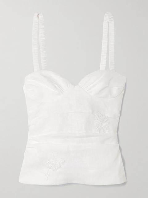 Alessandra Gathered Bead-embellished Embroidered Linen Camisole