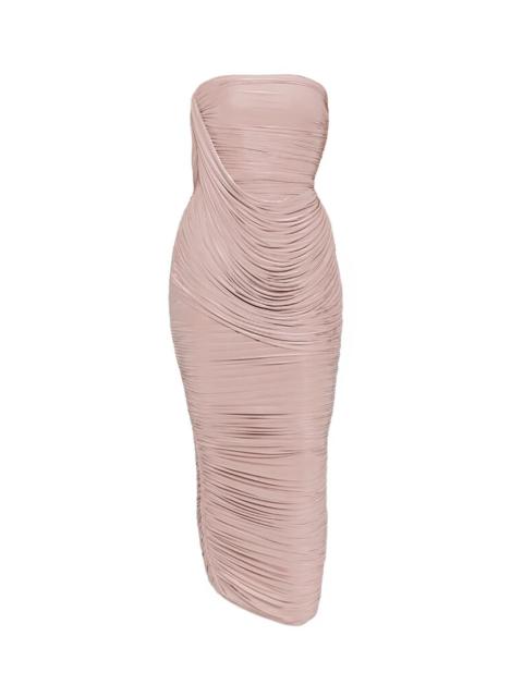 gathered strapless midi dress