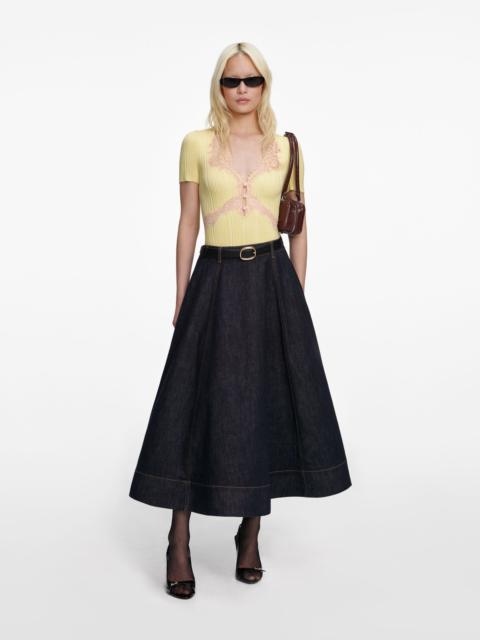 Indigo Denim Flared Midi Skirt