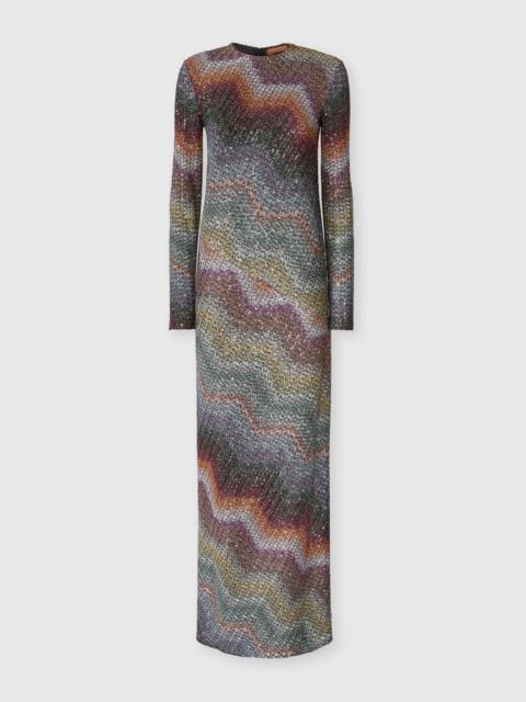 Long-sleeved dress in a Greek-style zigzag knit with sequins