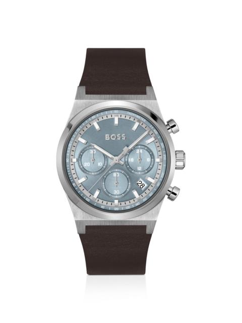 SILVER-TONE CHRONOGRAPH WATCH WITH BROWN LEATHER STRAP