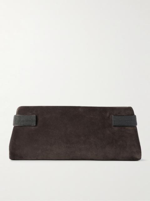Bead-embellished Leather-trimmed Suede Clutch