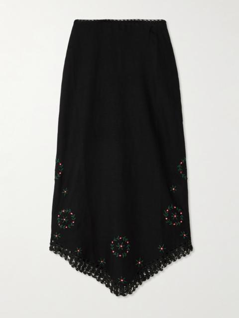 Imola Crochet-trimmed Embroidered Linen-blend Midi Skirt