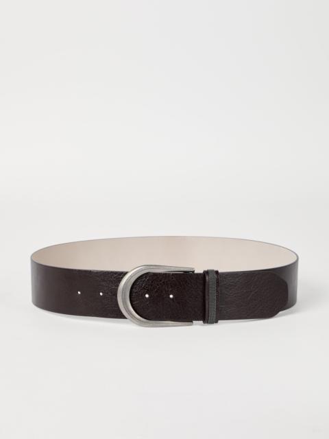 Glossy grained calfskin belt with shiny loop