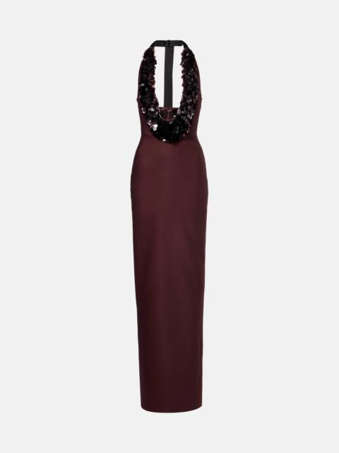Sequined halterneck wool-blend gown