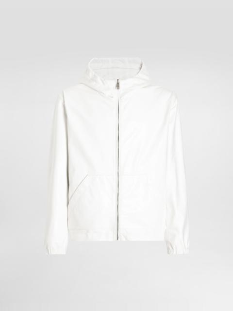 Leather and fabric jacket with reversible hood