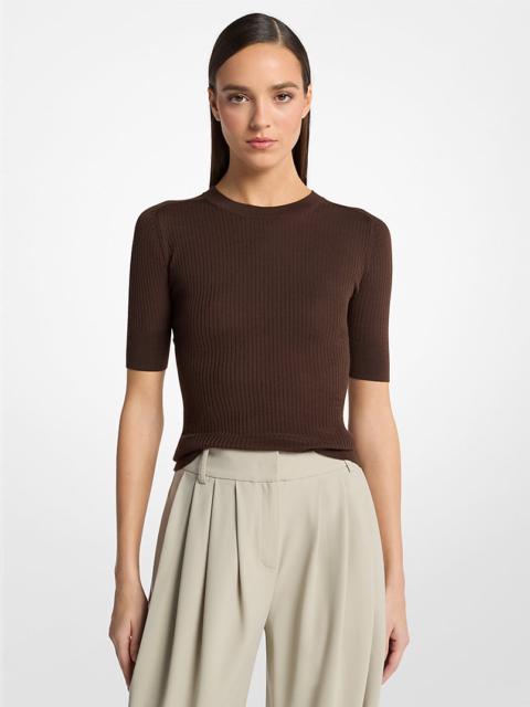 Ribbed Wool Elbow-Sleeve Sweater