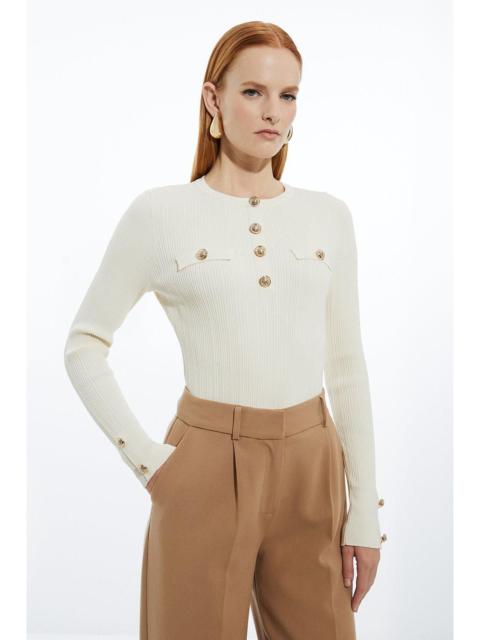 Military Trim Rib Long Sleeve Knit Top