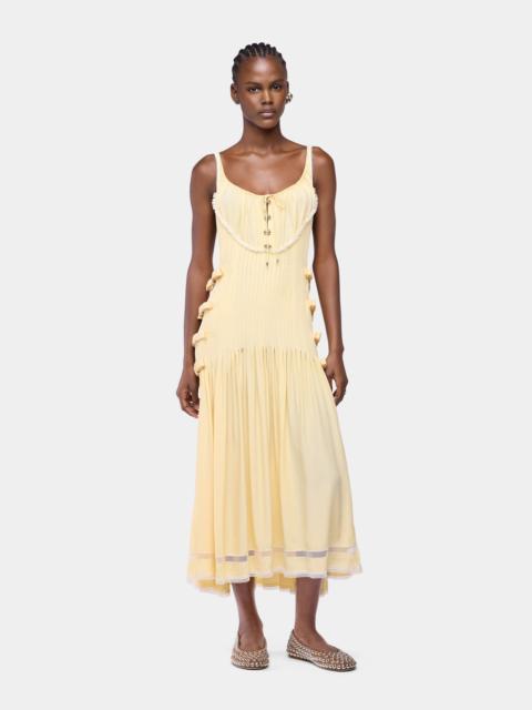MIDI DRESS IN YELLOW VISCOSE CREPE WITH LACE AND BOW DETAILS