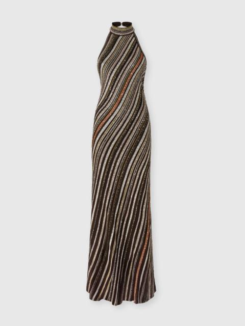 Long Dress with Halter Neck and Herringbone Stripe Knit